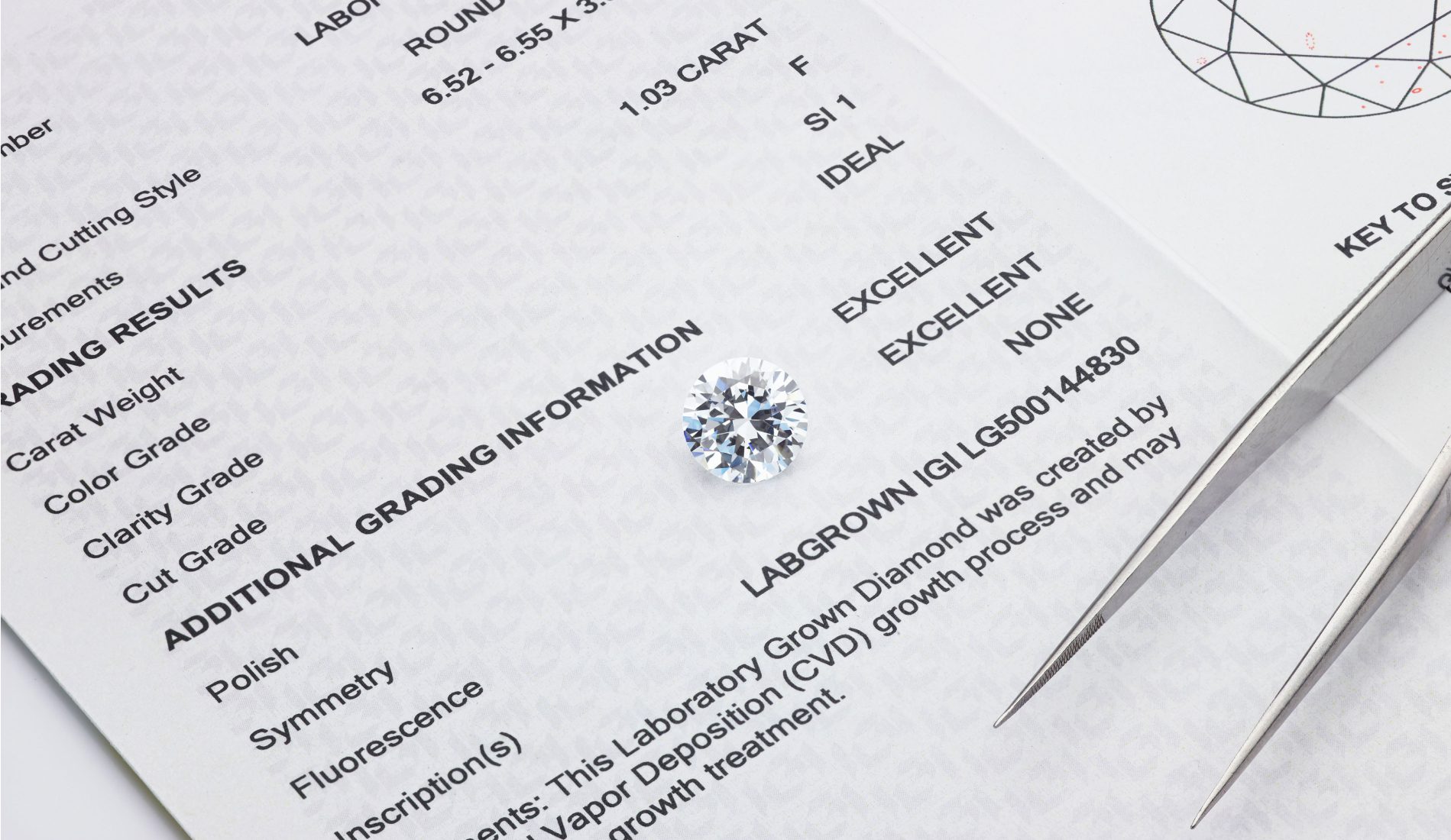 Laboratory Grown Diamond Photographed with Tweezers on Diamond Grading Report