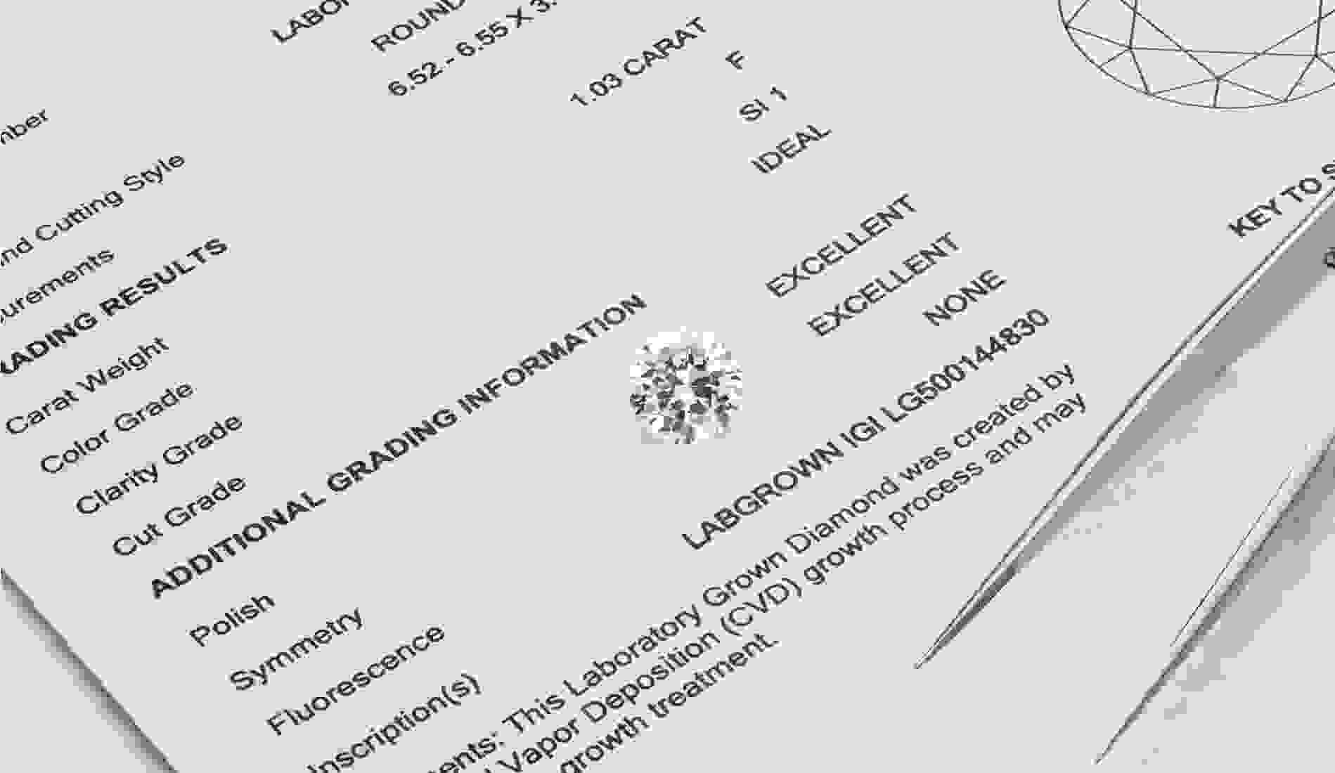 Laboratory Grown Diamond Photographed with Tweezers on Diamond Grading Report